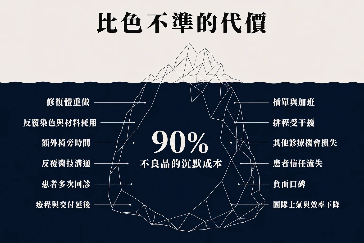 比色不準的代價。深午夜藍底反白線條冰山，中央標示90%與不良品的沉默成本。水下列出修復體重做、材料耗用、椅旁時間、醫技溝通、患者回診、交付延後、加班、排程干擾、診療機會損失、信任、口碑及團隊效率成本。